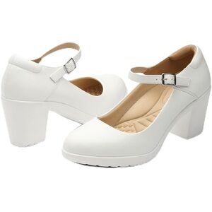 Women’s White Mary Jane Block Heel Pumps